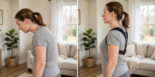 Before and after: hunched posture vs standing straight in the posture corrector